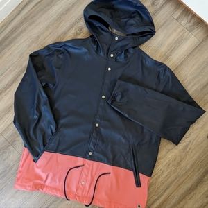 NWOT Herschel Waterproof Hooded Coach Jacket, Blue/ Pink, size Medium